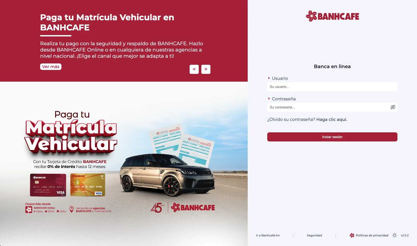 Pantalla de inicio de sesión de BANHCAFE Online Web